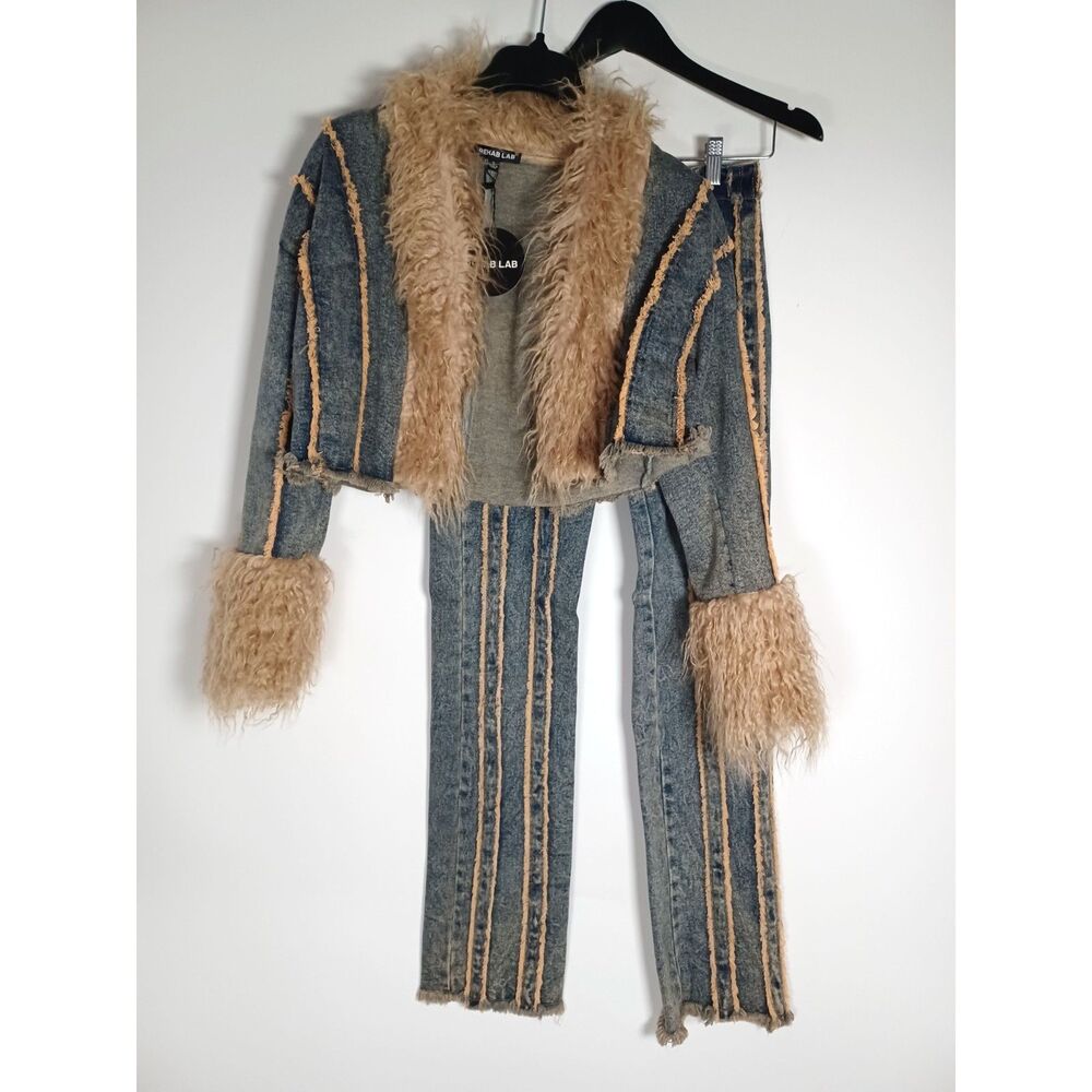 Rehab Lab Outfit Penny Lane Faux Fur Jacket Lace Up Jeans Small Rocker 1970s